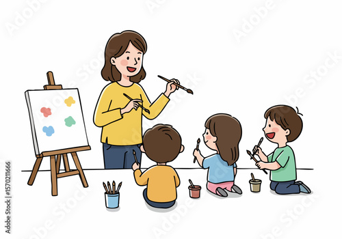 Teacher instructing children in an art class, painting on easels, illustrating creative learning and childhood education.