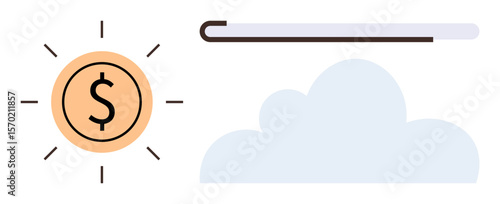 Coin icon with dollar sign as sun, overcast cloud with an umbrella handle. Ideal for concepts thumbs up financial protection, opportunity, weathering challenges, risk management, investment, safety