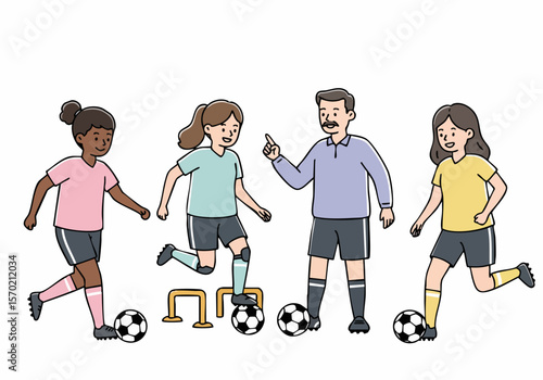 Coach teaching young diverse girls how to play soccer, focusing on dribbling skills and teamwork during a practice session.