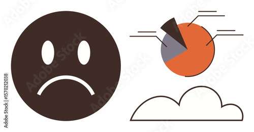 Frowning face beside segmented pie chart and cloud outline. Ideal for emotions, analysis, failure, loss, bad results, negativity, reflection. A simple flat metaphor