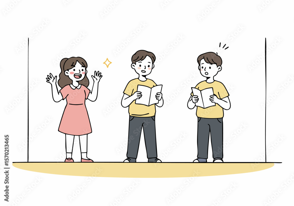 Cartoon illustration of three young people, one girl expressing excitement while two boys read books, suggesting learning or performance. Cartoon illustration of three young people, one girl expressing excitement while two boys read books, suggesting learning or performance.