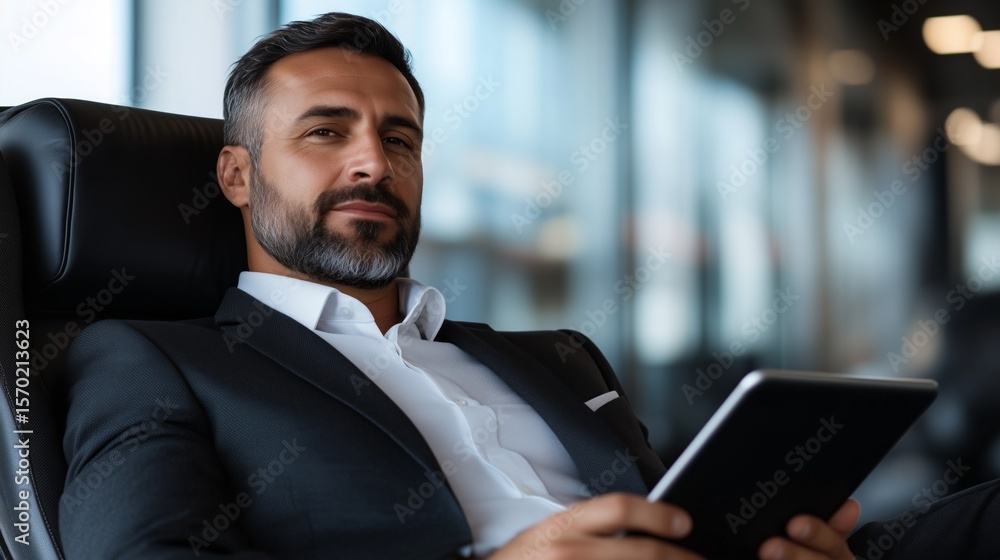 Fototapeta premium Confident businessman relaxing in an airport lounge area while using a tablet 