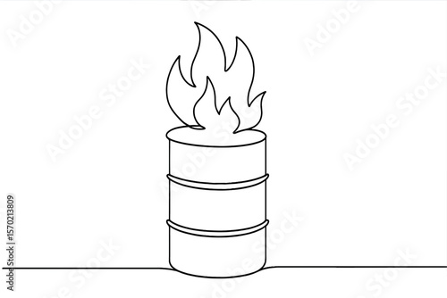 Line art of flaming oil drum on white background  
