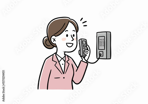 Happy young businesswoman communicating using building intercom or telephone system illustration