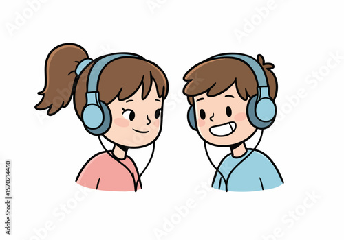 Cute cartoon illustration of two happy children, a boy and a girl, wearing headphones and sharing a moment while listening to music or audio, isolated on a white background.