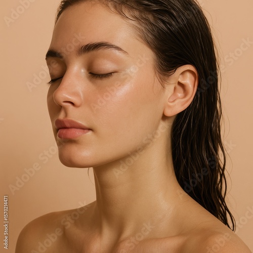 Young caucasian female with wet hair and smooth skin in profile view