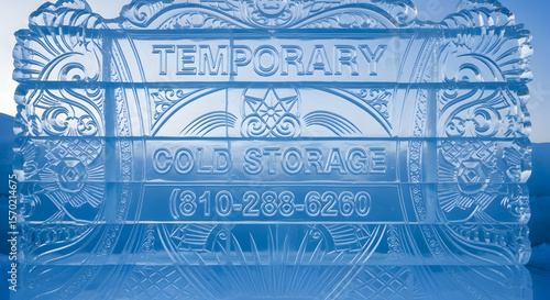Intricate Ice Sculpture Showcasing Temporary Cold Storage Advertisement With Carved Details
