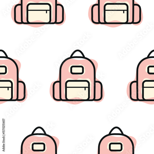 Pattern with pink school backpack icon, combining line art style and abstract color spots, for school print, textile or other various designs