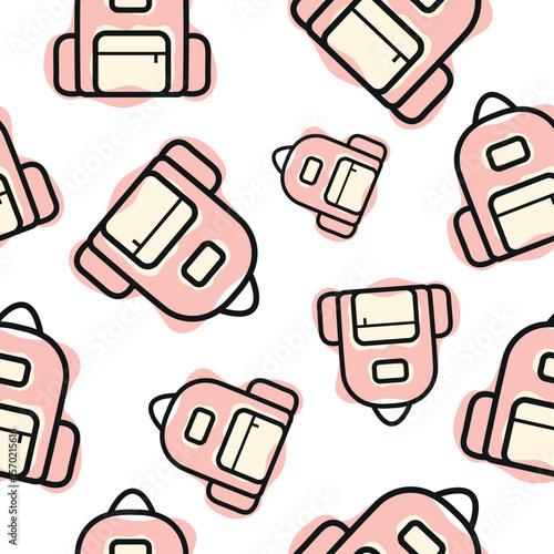 Seamless pattern with pink school backpack icon, combining line art style and abstract color spots arranged randomly, for school print, textile or other various designs