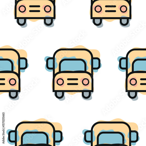 Pattern with a yellow school bus icon, combining line art style and abstract color spots, for school print, textile or other various designs