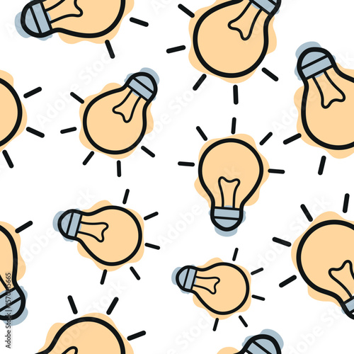Seamless pattern with light bulb icon, combining line art style and abstract color spots arranged randomly, for school print, textile or other various designs