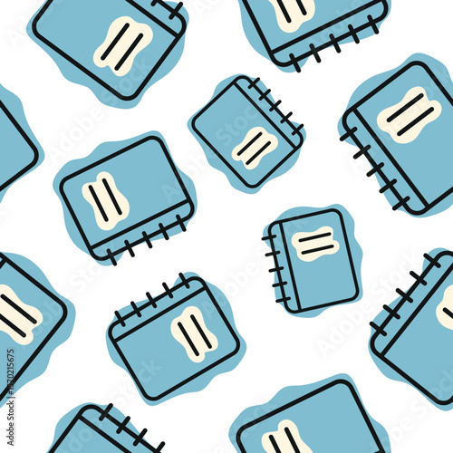 Seamless pattern with a school blue notebook icon, combining line art style and abstract color spots arranged randomly, for school print, textile or other various designs