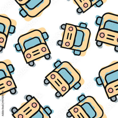 Seamless pattern with a yellow school bus icon, combining line art style and abstract color spots arranged randomly, for school print, textile or other various designs