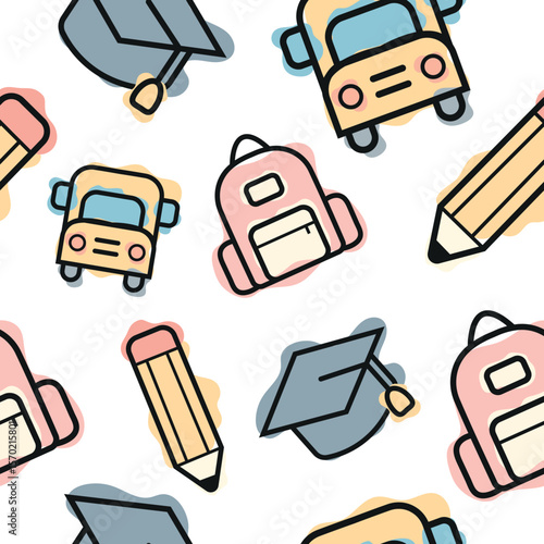 Seamless pattern of various icons and symbols on the school theme, combining line art style and abstract color spots arranged randomly, for school print, textiles or other various designs