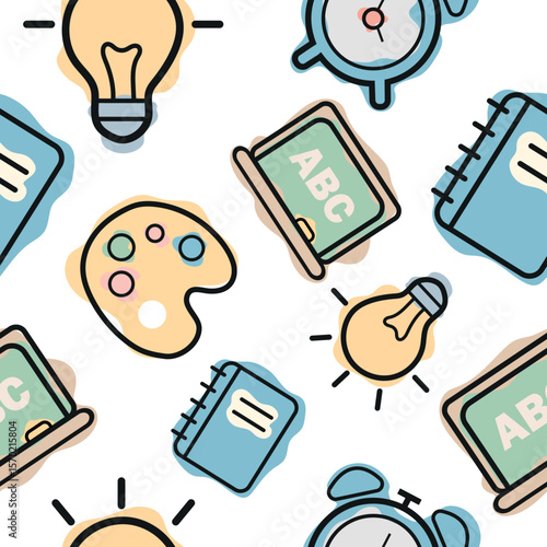 Seamless pattern of various icons and symbols on the theme of school and school supplies, combining line art style and abstract color spots arranged randomly, for school print, textiles