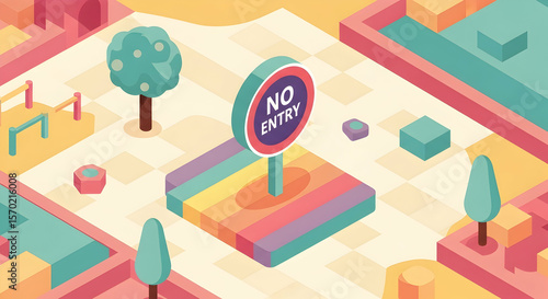 Isometric Cityscape With No Entry Sign And Colorful Building Blocks Design