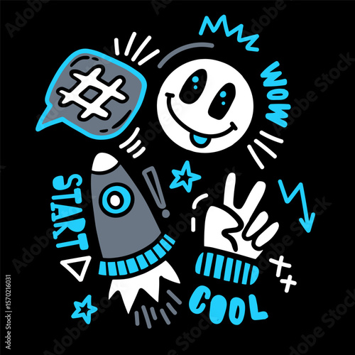 Illustration with rocket, other cool elements, hand draw words on black background. Print for boy kids