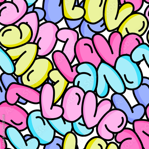Abstract seamless chaotic pattern with word "love" Bright vector background. Cute Wallpaper for girls.