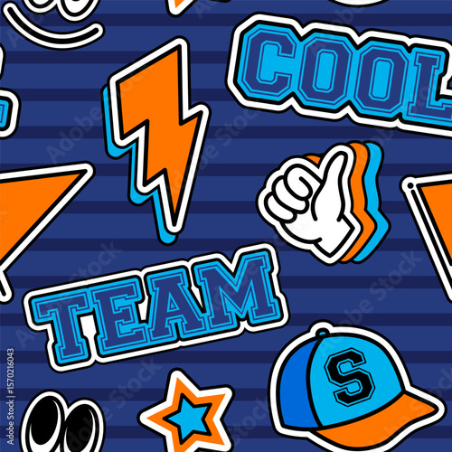 Seamless pattern with varsity-style patches on dark blue stripes.  Playful and energetic design with a sporty attitude.