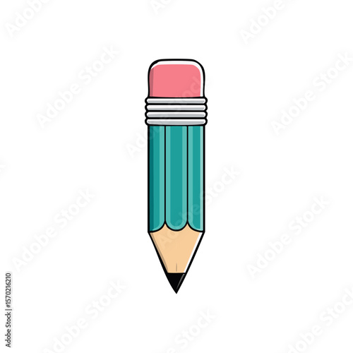 Cartoon illustration of a turquoise pencil with a pink eraser on a black background