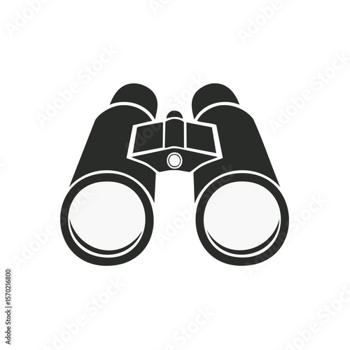 Binoculars illustration with white lens for exploration, search, spying or travel on black background. Simple icon for design needs.