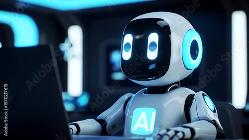 Friendly Ai Robot Working on Laptop with Neon Blue Background Futuristic Design
