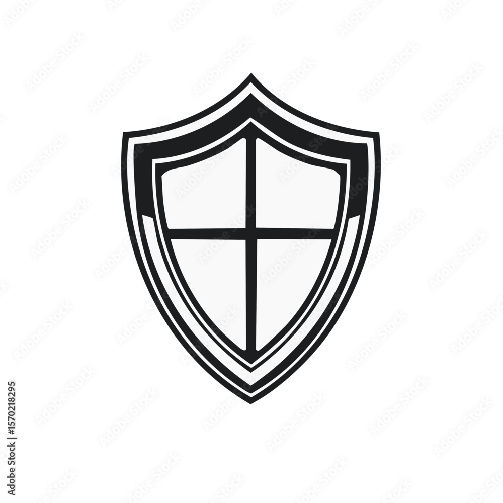 Illustration of a white, cross-partitioned shield with black outlines, isolated against a black background Illustration of a white, cross-partitioned shield with black outlines, isolated against a black background