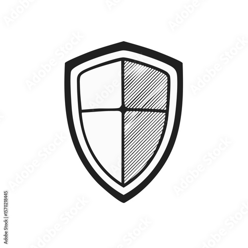 Stylized shield icon with sketched lines on black background offering security or protection concept, minimal and monochrome design