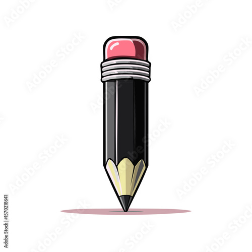 Cartoon of a short pencil with eraser sitting on a pink surface against a black background