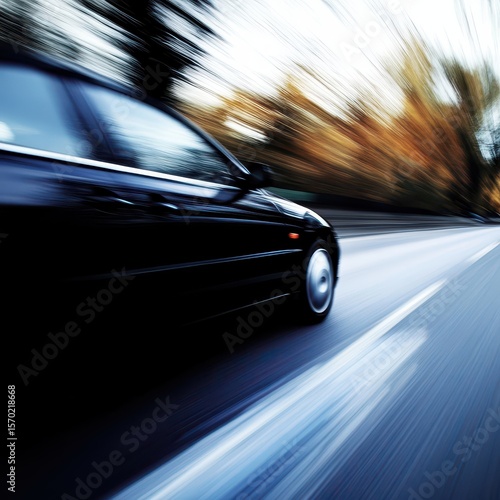 Black car speeding on a blurred road during sunset