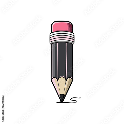 Illustration of a gray pencil with pink eraser on a black background stationery object cartoon style art work