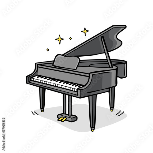 Cartoon grand piano illustration shimmering on black background elegant musical instrument concert hall stage performance