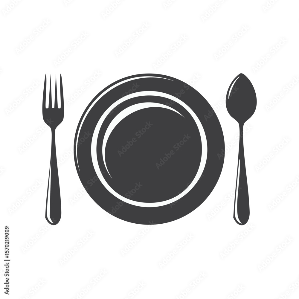 Dining Icon Set a Plate a Fork and a Spoon on Dark Backdrop Minimalist Table Setting Dinnerware Utensils Simple Design Dining Icon Set a Plate a Fork and a Spoon on Dark Backdrop Minimalist Table Setting Dinnerware Utensils Simple Design