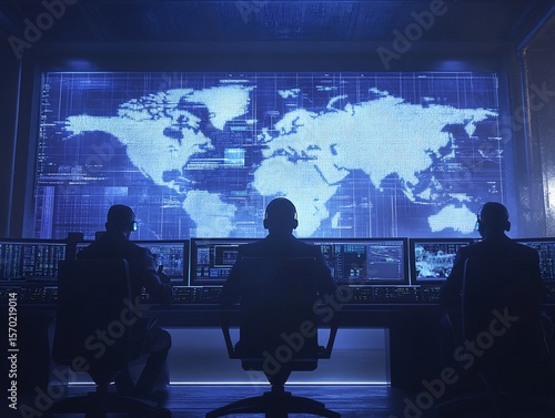 Global cyber network security operation center with analysts monitoring data