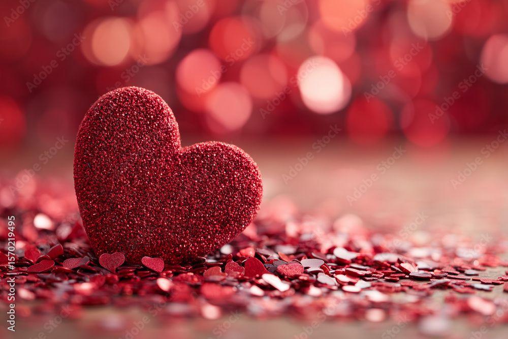 Obraz premium Sparkling Red Heart on a Shimmering Red Background for Valentine's Day or Romantic Occasions