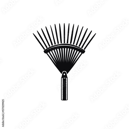 Illustration of a black and white garden rake on a solid black background