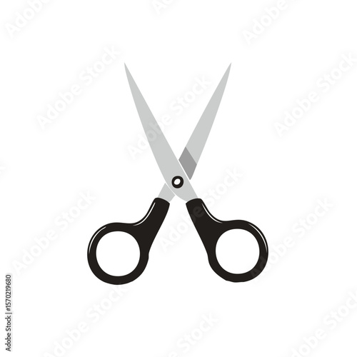 Open gray and black scissors on a black background, flat style illustration, office supply for cutting projects