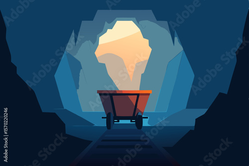 Deep Cave Exploration Mining Cart at Sunset's Glow