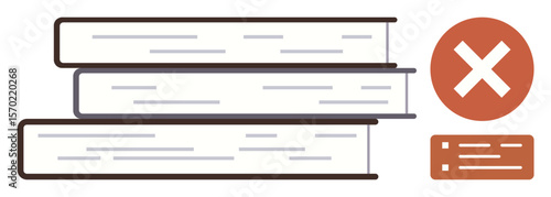 Horizontal stack of books next to a red circle with a white cross and a label. Ideal for censorship, prohibition, education reform, rule enforcement, content restriction, publishing, simple flat