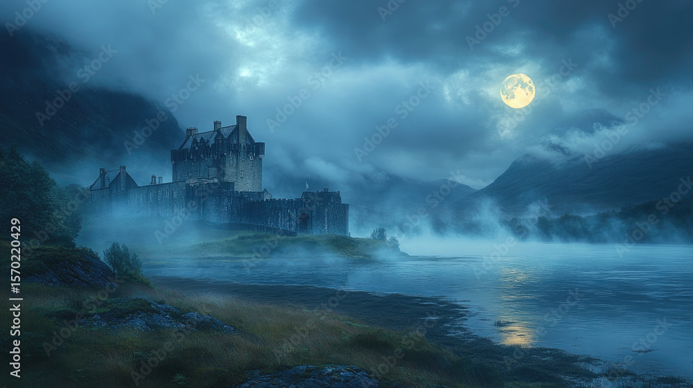 Fototapeta premium Mysterious Castle Under Moonlight by the Lake