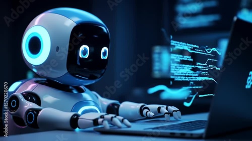 Robot Typing On Laptop In Blue And White Futuristic Scene With Blue Light Effects On Desk And Blurred Screen Background