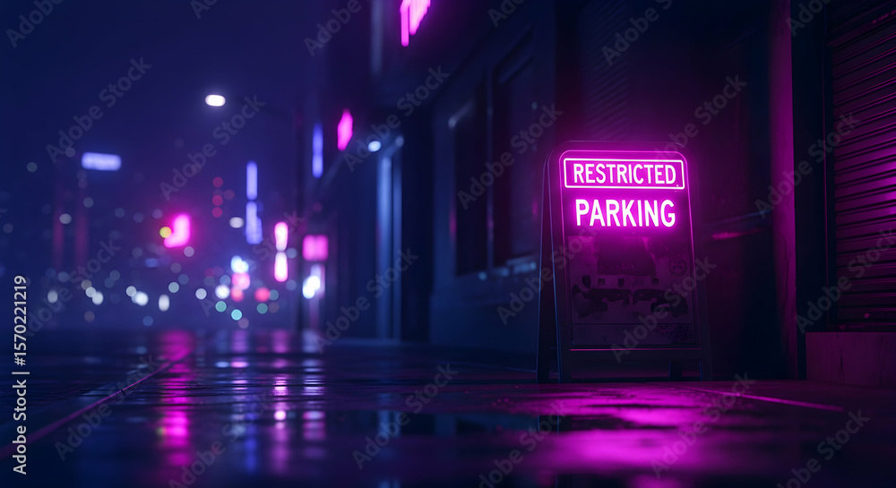 Fototapeta premium Neon Streets City At Night With A Restricted Parking Sign Illuminated Urban Scene