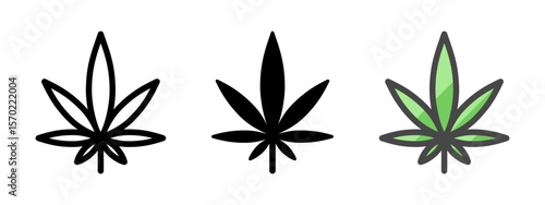 Multipurpose medical cannabis leaf vector icon in outline, glyph, filled outline style. Three icon style variants in one pack.