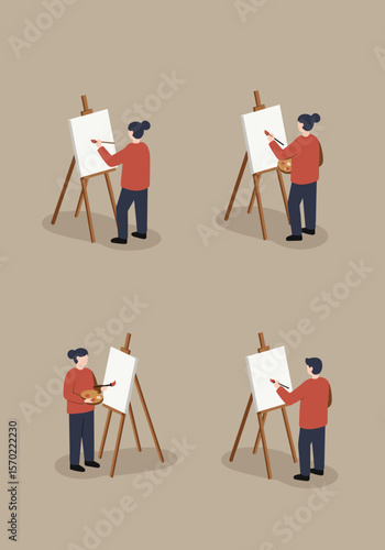 Artist Painting on Canvas with Brush and Palette, Isometric View