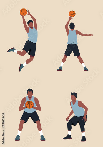 Four Basketball Players in Action, Various Dynamic Poses