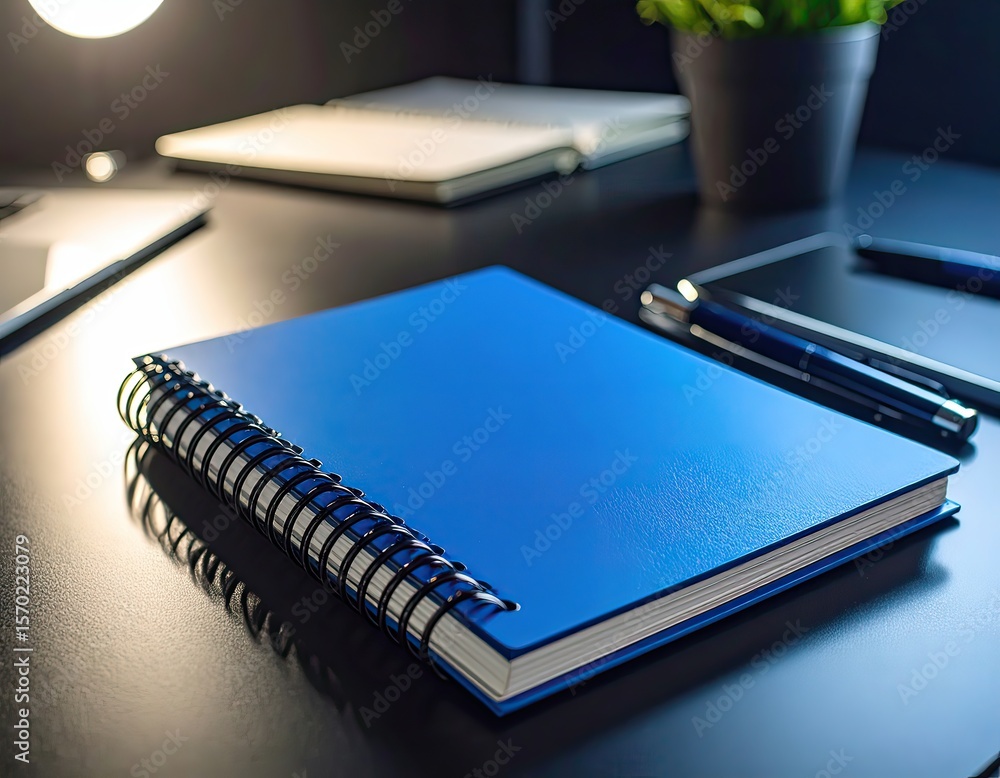 Blue Notebook on a Desk with Business Tools Blue Notebook on a Desk with Business Tools