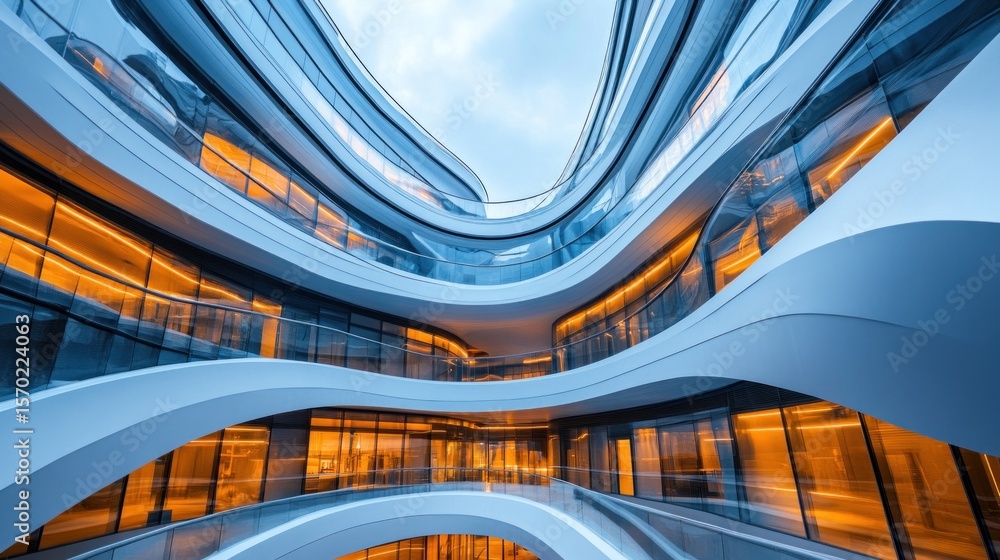 Obraz premium the dynamic architectural form presents a captivating view of modern infrastructure with fluid lines and illuminated interiors that seamlessly blend design