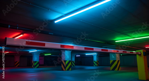 Illuminated Underground Parking Garage With Automatic Boom Barrier System