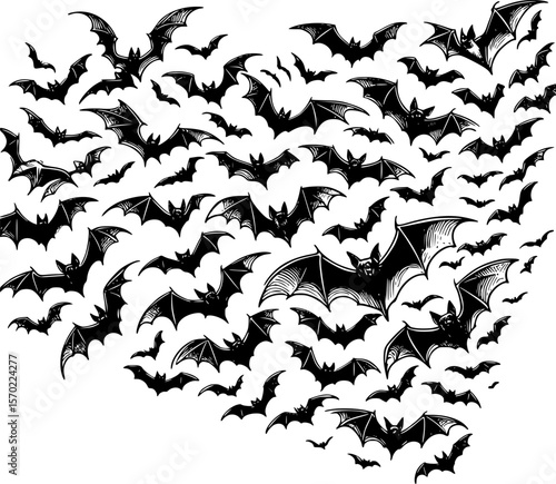 Swarm of bats flying in Halloween sky, line art for coloring and decor
