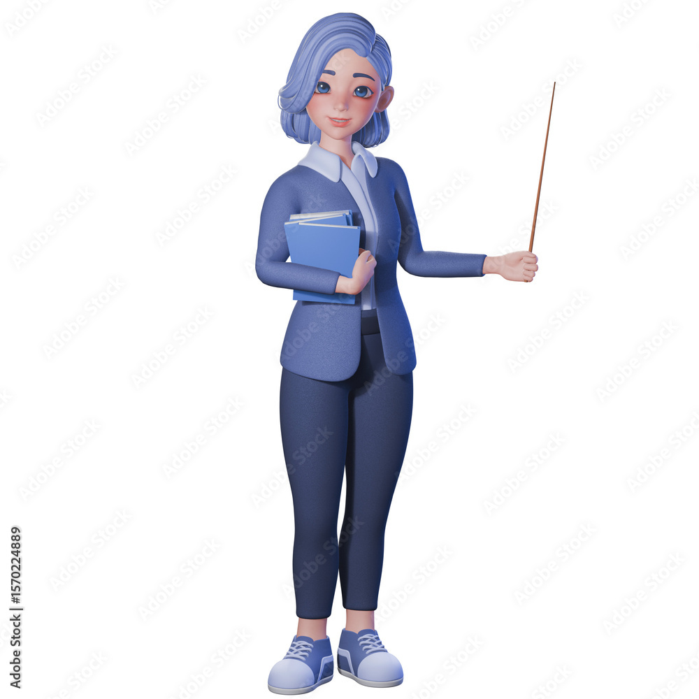 3D Render of beautiful female cartoon teacher in blue wears. holding pointer stick and books. advertising, presentations, UIUX design, promotional materials. 3D Render of beautiful female cartoon teacher in blue wears. holding pointer stick and books. advertising, presentations, UIUX design, promotional materials.